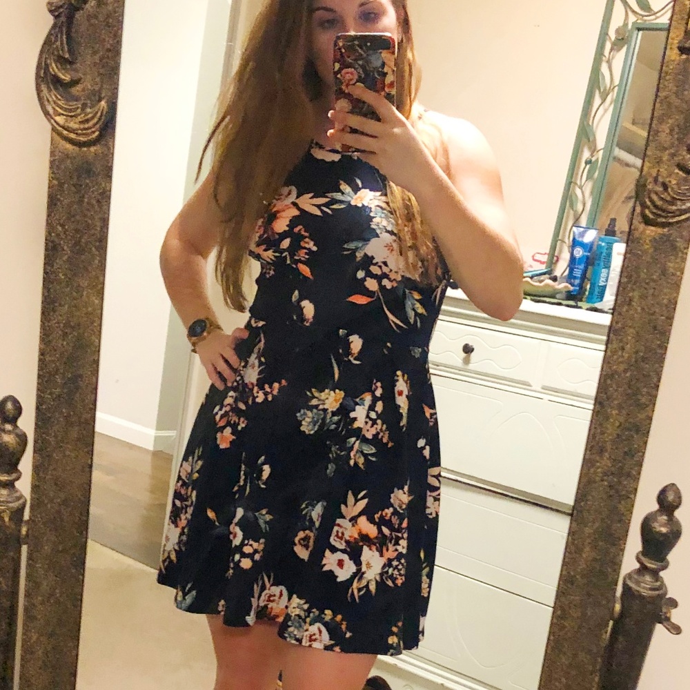 Floral Halter Neck A-Line Dress - Black with Multi Floral